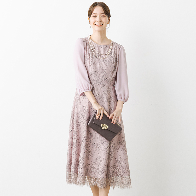 袖シフォンのレースロングドレス