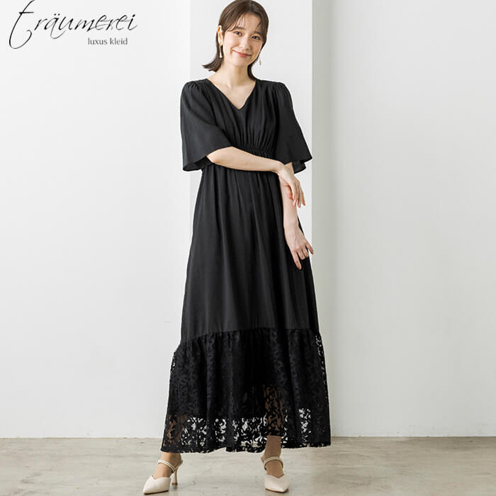 WEB限定｜裾レース切替ギャザードレス