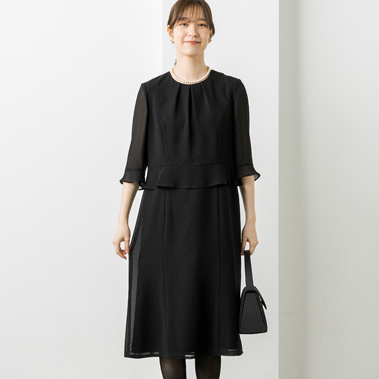 洗える｜ペプラム付きジョーゼットワンピース