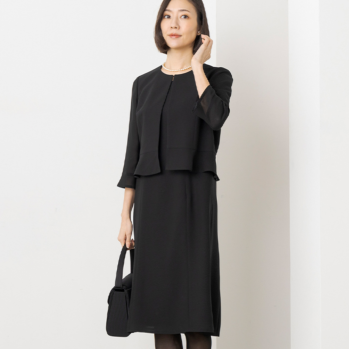 ウォッシャブル 2ピース風ノーカラー前開きワンピース